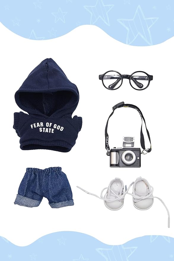 17cm Dolls Clothes 5 Pcs Set Plush Doll Outfits Hoodie Pants Camera Glasses Shoes Clothing Accessories Set No Doll