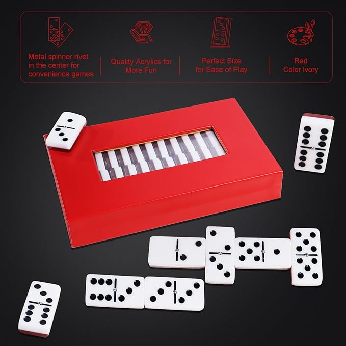 Double Six Standard Dominos Set 28 Tiles – Dominos Set for Adults, Classic Numbers Table Games, Family Travel Night Ideal for 2-4 Players (Red)