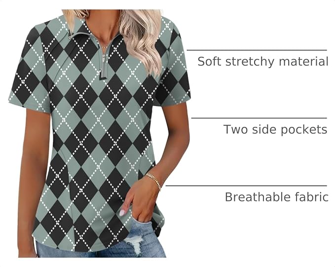 LOMON Womens Golf Polo Shirt Summer Short Sleeve Quarter Zip Outfit | Side-Pockets,Princess Seams,Cotton,Wrinkle Free,Moisture Wicking,Quick-Dry,Lightweight,Collared,for Tennis Workout