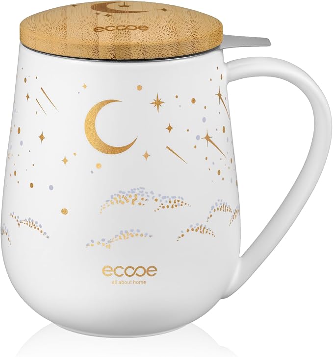 ecooe Large Tea Infuser Mug 20.3oz Ceramic Tea Cup with Removable Stainless Steel Infuser and Lid, 600ml Tea Mug for Loose Leaf Tea, New Home Gifts for Parents Friends Office (White) | 600 ml Large White Ceramic Tea Mug with Tea Strainer / Lid / Handle...