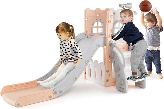 BABY JOY Toddler Slide, 6-in-1 Indoor Kids Slide Playset with Basketball Hoop, Telescope, Climbing Ladder & Storage Space, Freestanding Playhouse & Climber for Kids Aged 1-3 (Pink)