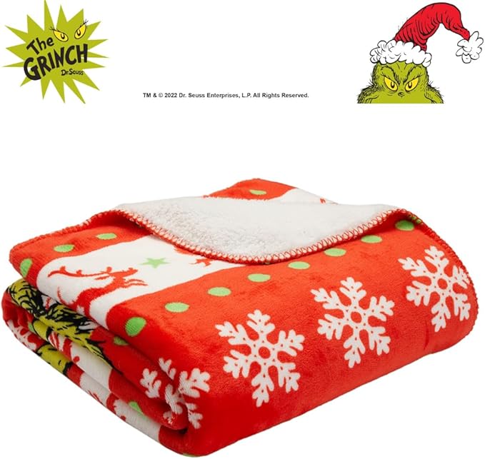 Dr. Seuss The Grinch Holiday Christmas Kids Bedding Soft Plush Cozy Sherpa Blanket Throw, 46 in x 60 in, (Officially Licensed Product) by Franco