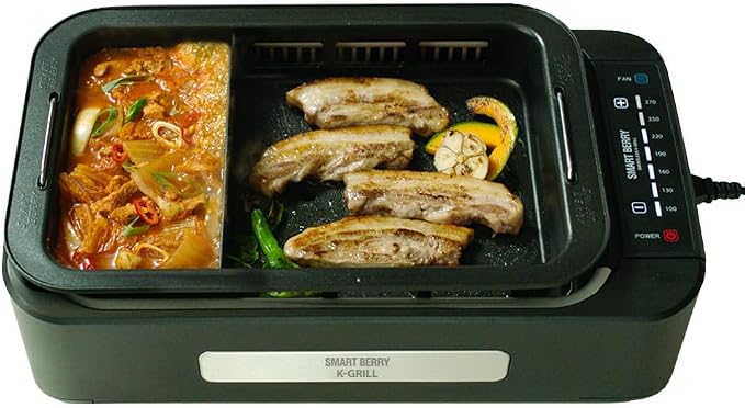 SMART BERRY 3 in 1 Smokeless Electric Indoor Grill, Nonstick Grill/Griddle Plates, Jjamjjapan, Glass Lid, Portable Korean BBQ Grill with 7-Level Control (Jjamjjapan set Black)