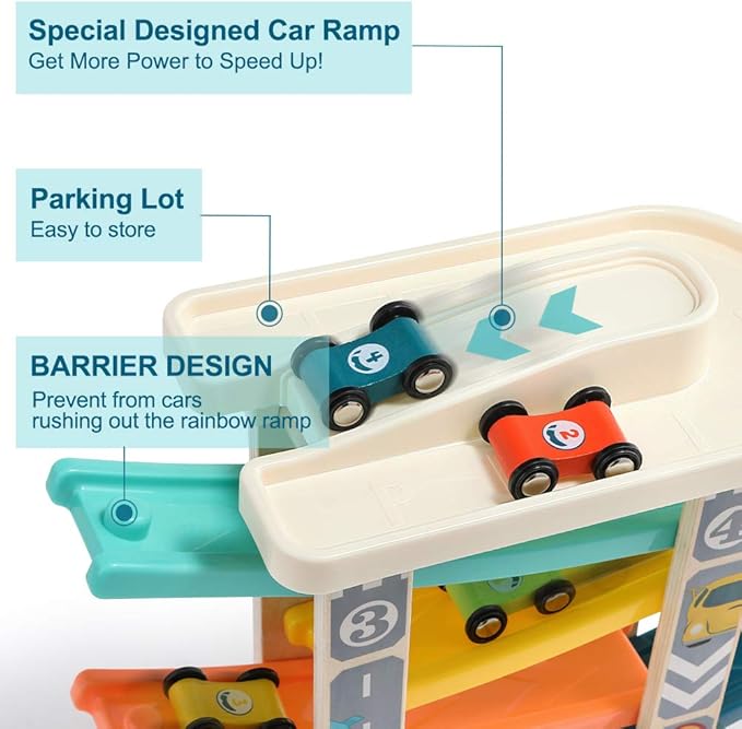 TOP Bright Toddler Wooden Race Track Car Ramp Toys for 1 2 Year Old Baby Motor Skills Race Tracks Car Ramp Vehicle Playsets with 4 Mini Cars and 1 Car Garage