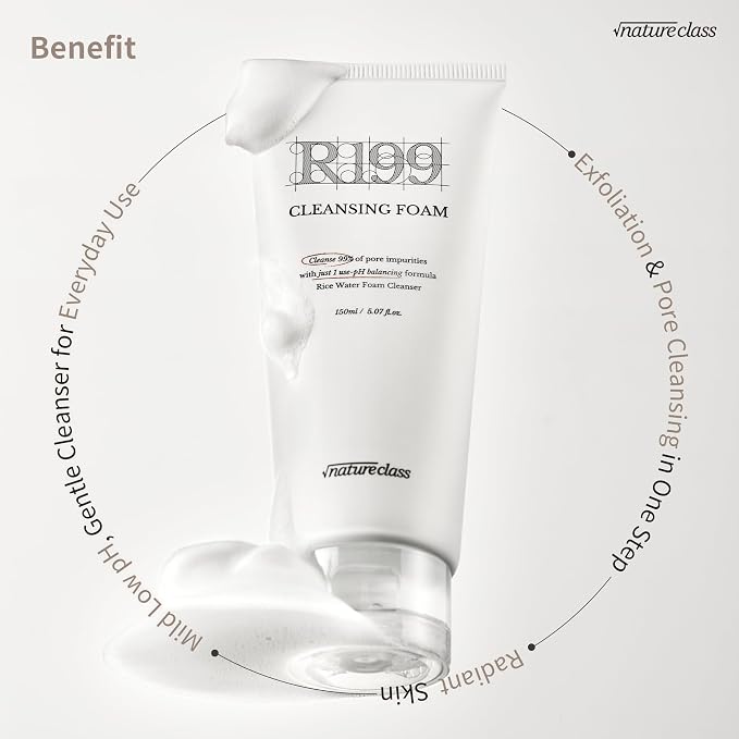 R199 Rice Enzyme Cleansing Foam – Deep Cleanser for Sensitive Skin, Blackhead & Pore Care, Double Cleansing, Aloe & Hyaluronic Acid, Korean Skin Care, Fragrance Free, 5.07 fl oz
