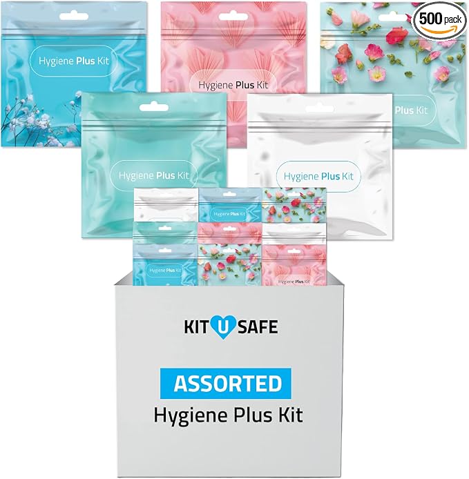 Hygiene Plus Assorted Period Kit with Disposable Underwear (500, Packs) | Each kit: 1 disposable underwear, 1 pad, 1 tampon, 1 pantiliner & 1 feminine wipe