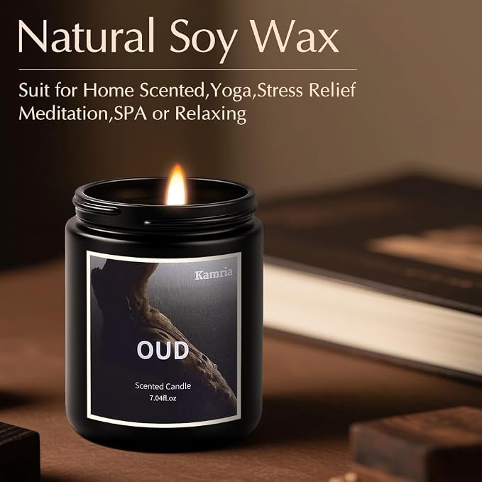 Oud Scented Candle for Men, Masculine Woodsy Aromatherapy Jar Candle, Natural Soy Wax Long Lasting Burn, Luxury Black Decor Gift for Him, 7oz