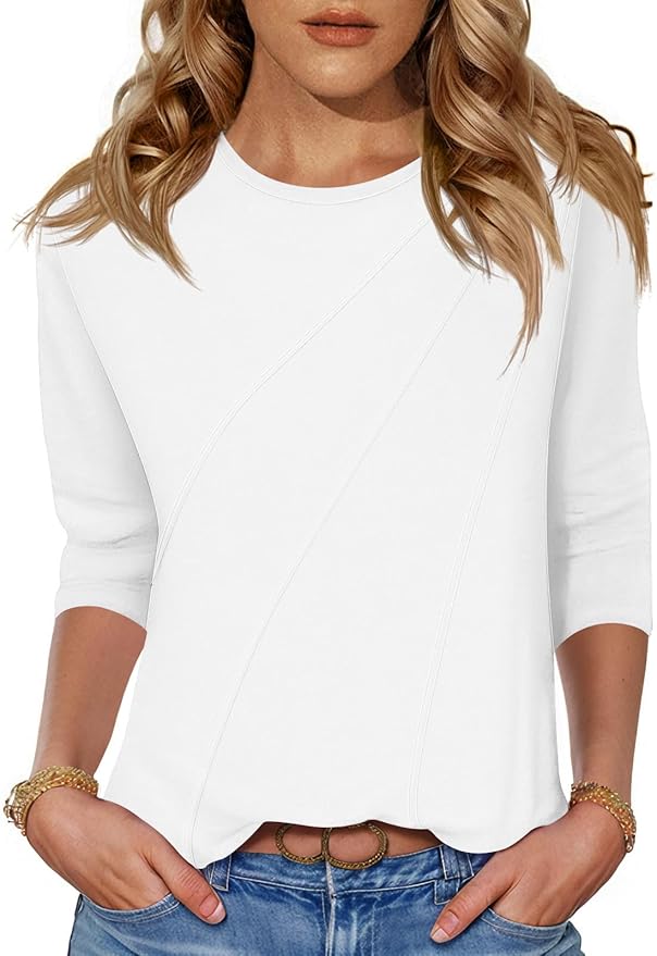 LOMON 3/4 Length Sleeve Womens Tops Spring Summer Fashion 2026 Tops Crew Neck Pleated Shirts Tunic Top Loose Fit