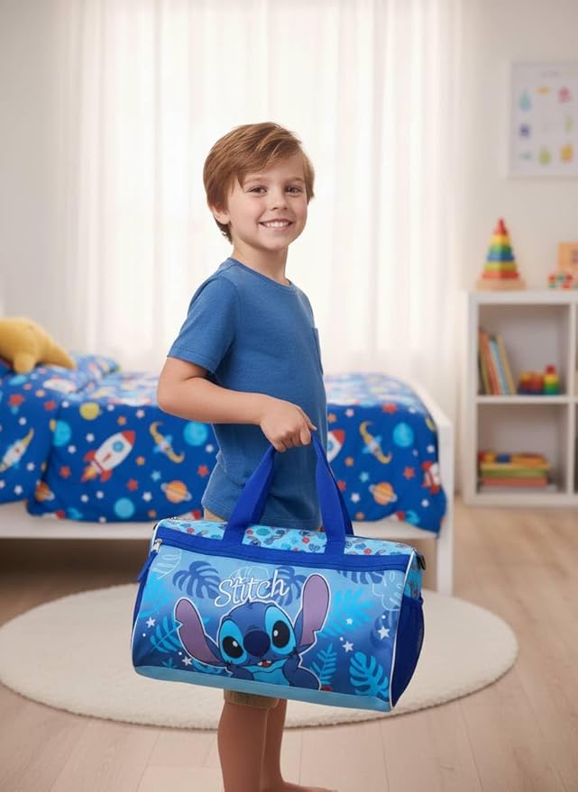 Disney Stitch Kids’ Duffle Bag – Lilo & Stitch Travel Gym Bag with Adjustable Strap, Mesh Side Pockets & Zipper Pocket
