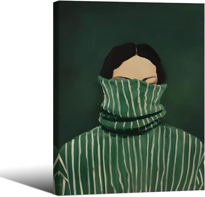 Emerald Green Feminine People Wall Art Retro Abstract Stripe Poster Funky Minimalist Eclectic Canvas Prints 12X16 inch Framed for Bedroom Apartment Dorm Wall Decor