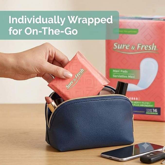 Sure & Fresh® Maxi Pads, Super Heavy Flow, Unscented, Without Wings, Individually Wrapped, 2 Pack of 16 Count