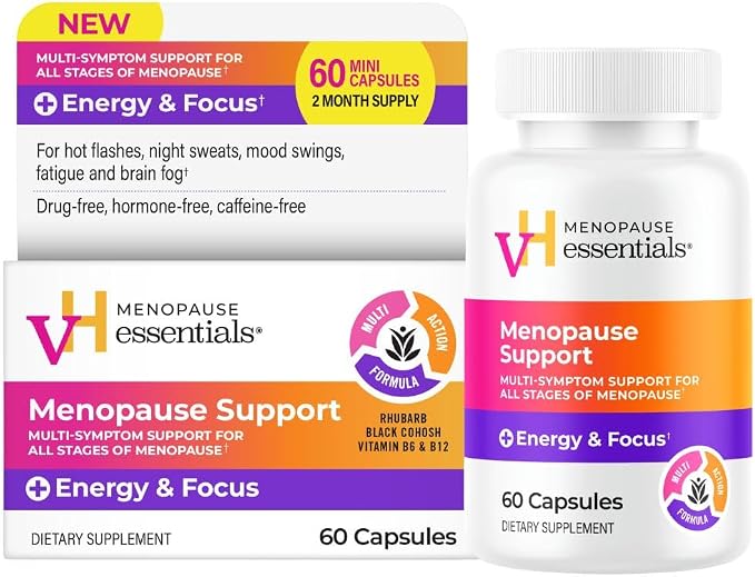 vH essentials Menopause Relief Plus Energy & Focus Support 60 Capsules – Multi-Symptom Support for All-Stages of Menopause: hot Flashes, Night Sweats, Mood Swings, Fatigue & Brain Fog