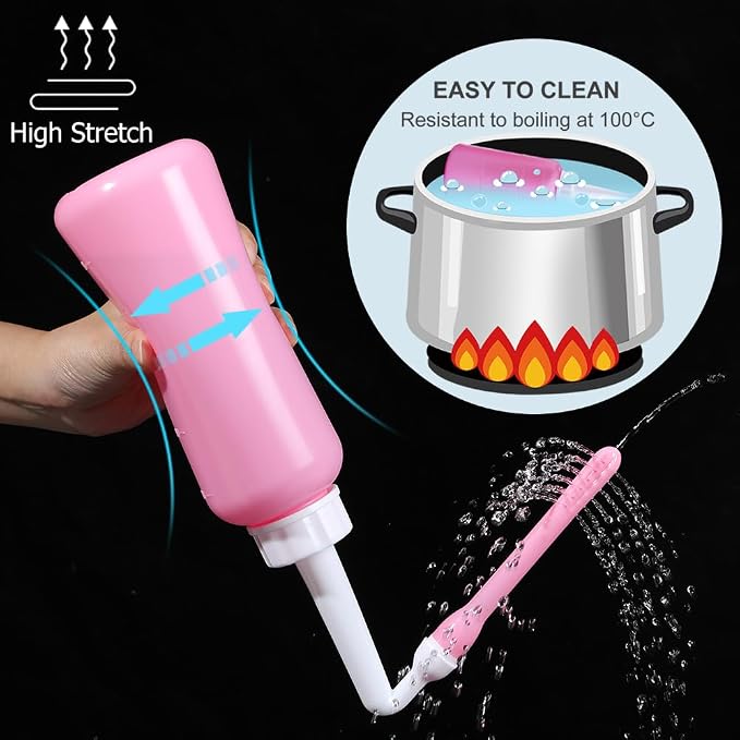 Peri Bottle Vaginal Douche- Postpartum and Perineal Care，Multi-Functional Douche Bottle for Women, 2IN1 Short Punch+Long Punch, 500ml, Pink