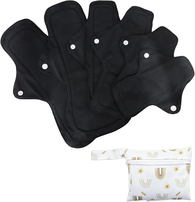 Pure Cotton Pads Sanitary Napkins,Washable Menstrual Pads,Reusable Incontinence Pads,with 1 Storage Bag,Panty Liners Pads Period for Women/Postpartum/Incontinence Patients.Black 2*（S+M+L）