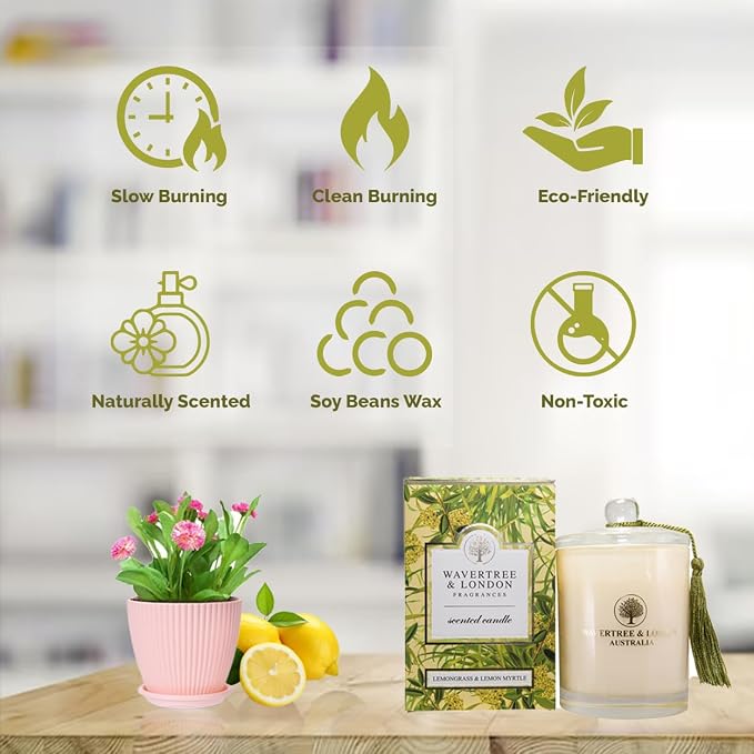 Luxury Lemongrass & Lemon Myrtle Soy Wax Candle - Hand Poured in Australia, 11.66 oz Glass Jar Fancy Candle, Strong Scented, Non-Toxic, Long Lasting 60 Hour Burn, Refreshing Natural Citrus Candle Gift