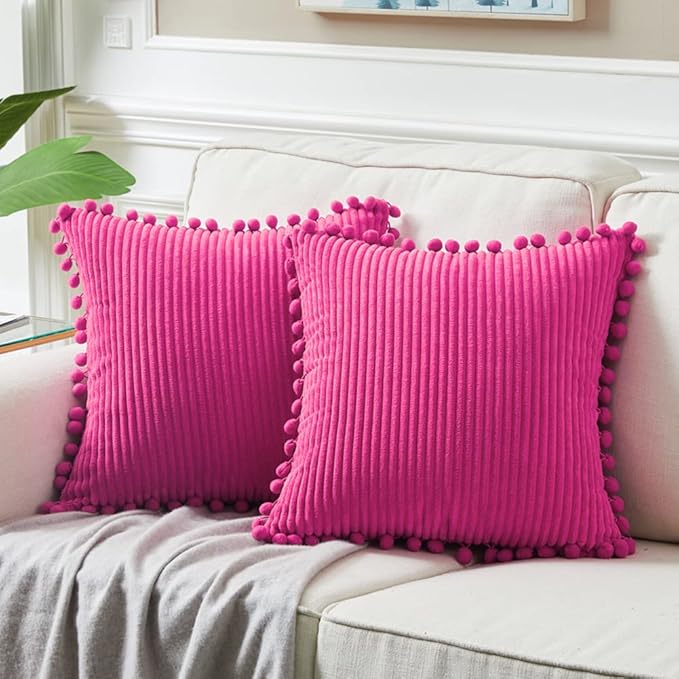 Fancy Homi Pack of 2 Corduroy Soft Decorative Throw Pillow Covers with Pom-poms, Solid Square Cushion Case Pillow Cases Set for Couch Sofa Bedroom Car Living Room (20"x20", Hot Pink)