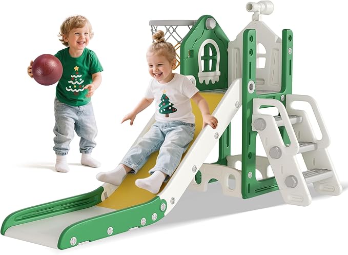 BIERUM 6 in 1 Toddler Slide - L-Shaped Baby Slide for Toddlers Aged 1-3 with Basketball Hoop, Telescope Toy and Anti-Slip Pads, Indoor Outdoor Toddler Playset, Green Yellow