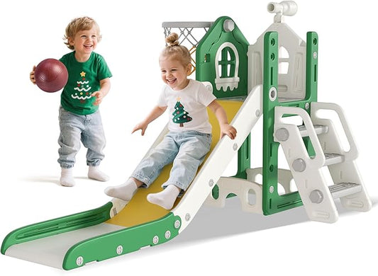 BIERUM 6 in 1 Toddler Slide - L-Shaped Baby Slide for Toddlers Aged 1-3 with Basketball Hoop, Telescope Toy and Anti-Slip Pads, Indoor Outdoor Toddler Playset, Green Yellow