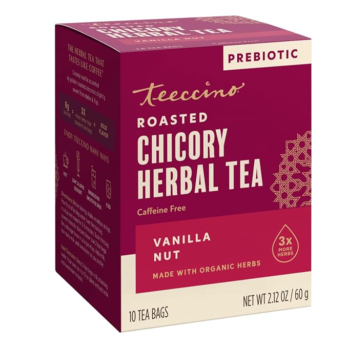 Teeccino Vanilla Nut Herbal Tea - Rich & Roasted Herbal Tea That’s Caffeine Free & Prebiotic for Natural Energy, 10 Tea Bags (Pack of 4)