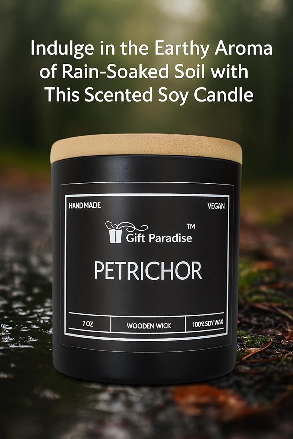 After Rain Candle (Petrichor) – 7 oz Soy Wax Candle with Wooden Wick, Fresh Earthy Rain Scent, Long Lasting Burn, Calming Nature Aroma, Luxury Glass Jar Gift for Home & Office