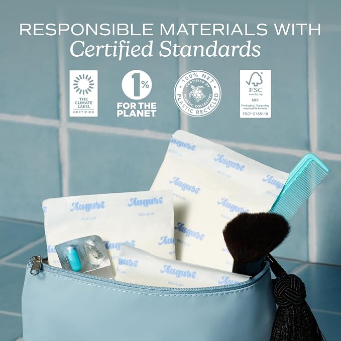 August Super Cotton Menstrual Pads, 72-Pack Ultra Thin Pads with Wings, Hypoallergenic Sanitary Napkins with Organic Cotton Topsheet, Compostable Wrappers, Toxin Free, Fragrance Free