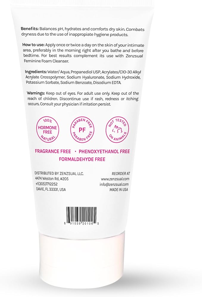 ZENZSUAL Feminine Moisturizing Gel with Hyaluronic Acid – Water-Based Gel with Balanced pH for Feminine Area, Hydrates and Comforts Dry Skin, Daily Feminine Care, Vegan, Made in USA, 4 Fl Oz