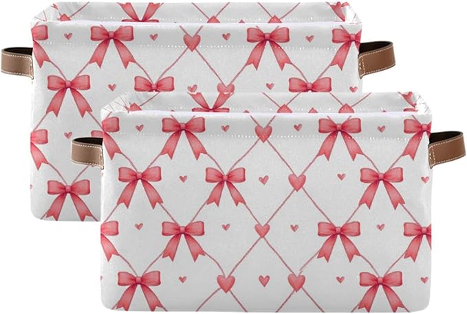 Aslsiy Storage Basket Watercolor Pink Bows Hearts Nursery Bins Baby Box Canvas Clothes Shelf Basket Laundry Hamper 1 Pcs