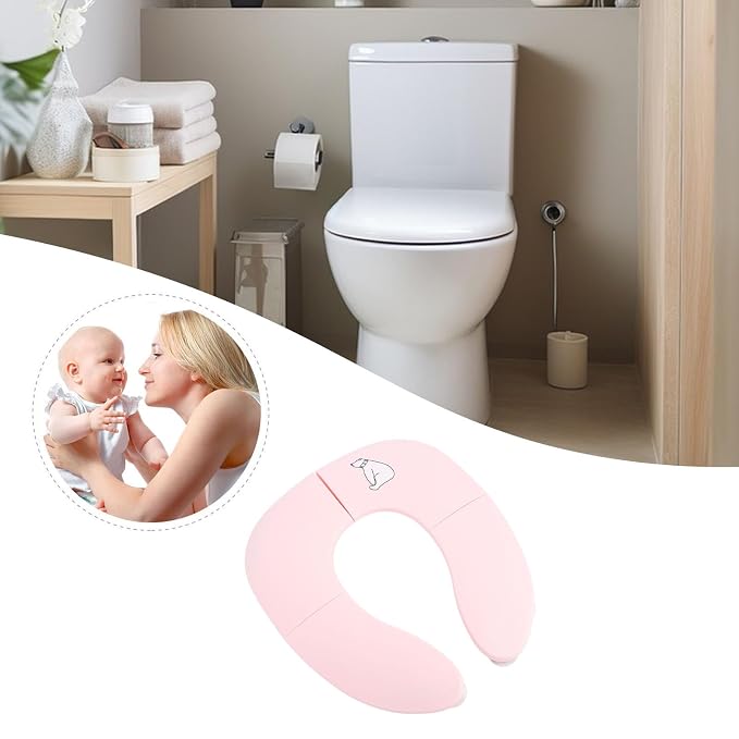 Generic Portable Folding Kids Toilet Cover with Nonslip Suction Cup, Outdoor Travel Potty Mat for Potty Training, Cartoon Design (Roseate)