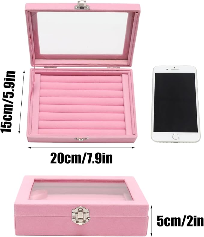 Small Velvet Jewelry Tray with Clear Lid, 8 Rolls Pink | Lockable Ring Earring Holder Organizer Storage Box Case Jewelry Box Organizer for Rings Earrings Bracelets Brooches