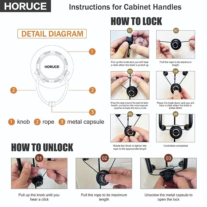 5 Pack Cabinet Locks Baby Proofing For Knobs & Handles, Length Adjustable Child Safety Locks, Easy to Use Safety Child Locks No Drill No Screws No Adhesive No Magnets No Tools. (Black)