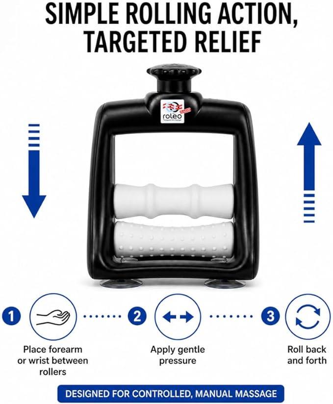 Roleo Arm and Hand Massager Forearm, Hand, and Wrist Massager; Arm Roller; Portable. Firm Forearm Massage for Hand and Wrist Wellness. Invented by a LIC. Massage Therapist.