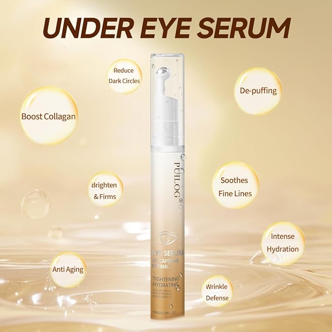 5% Caffeine Eye Cream for Puffy Eyes - Under Eye Brightener Serum Roller for Dark Circles Wrinkles Bags Puffiness, with 360° Massage Cooling Ball, Travel Toiletries (15ml / 0.51fl oz)
