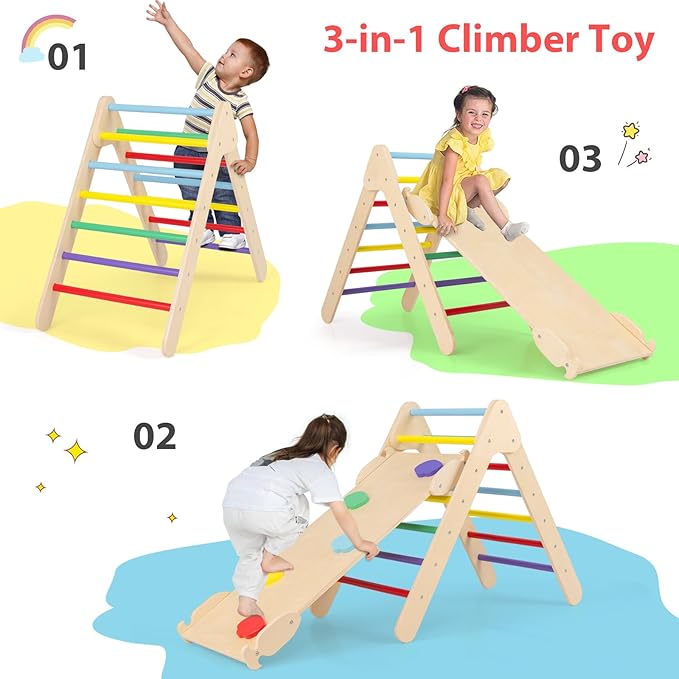 OLAKIDS Pikler Triangle Set 3 in 1 Climbing Toys for Toddlers Wood Montessori Baby Jungle Gym with Ramp Ladder Slide Kids Indoor Playground Activity Play Structure