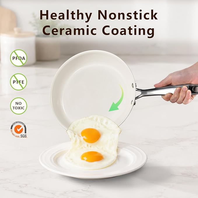 SAKAMOSH 8" Nonstick Ceramic Frying Pan, Tri-Ply Stainless Steel, White | Non Toxic, PFAS PFOA PTFE Free, Stay-Cool Handle, Dishwasher & Oven Safe, Induction Compatible
