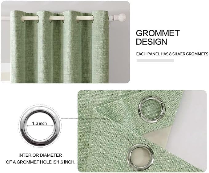 MIULEE Linen Texture Curtains for Bedroom Solid 100% Blackout Thermal Insulated Sage Green Curtains Grommet Room Darkening Drapes for Living Room 52x63 Inch (2 Panels)