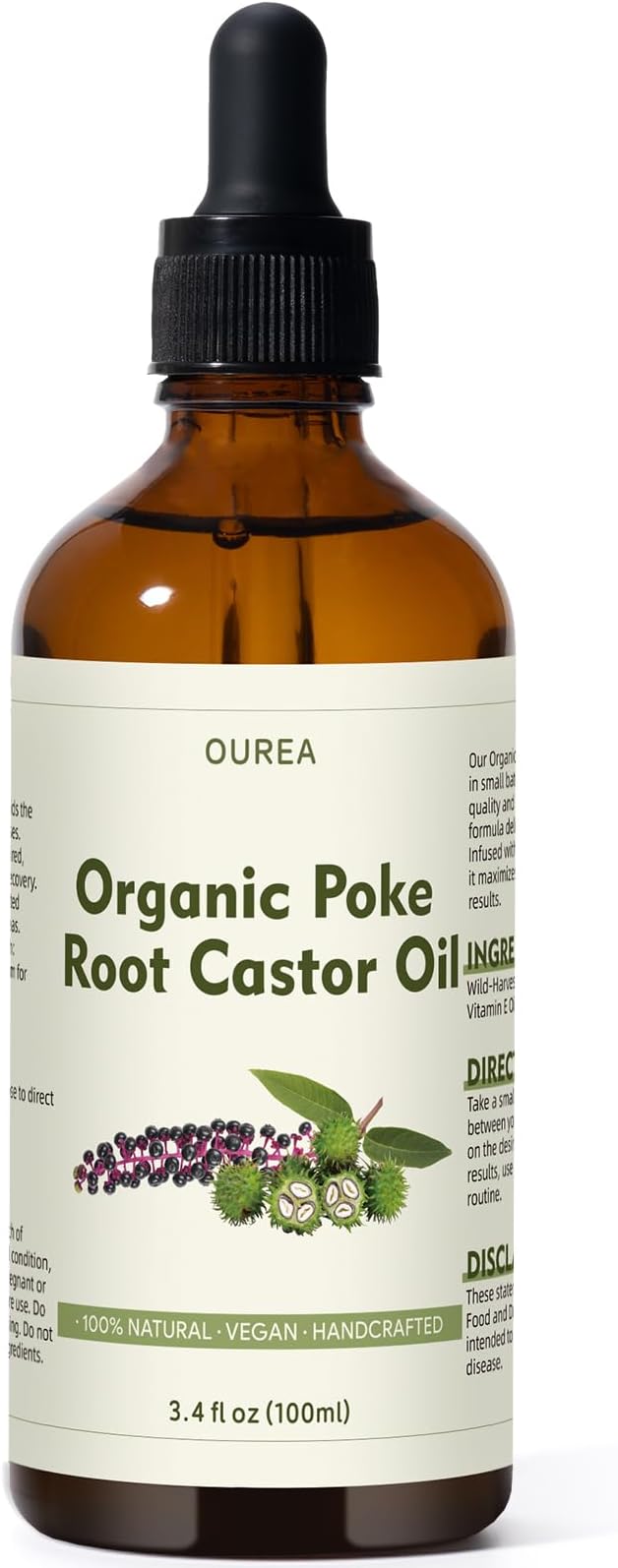 Poke Root Castor Oil Organic - 3.4 Fl Oz (100ML) - Lymphatic Support Massage Liquid, Natural Deep Tissue Relief Drops for Boils, Fibroids, Cysts, Swollen Lymph Nodes, Breast & Joint Health
