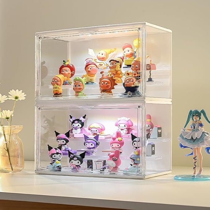 3 Tiers Clear Display Case with Lights, Acrylic Storage Organizers Box with Magnetic Door, Acrylic Dustproof Showcase for Collectibles Action Figure((1, White Large)