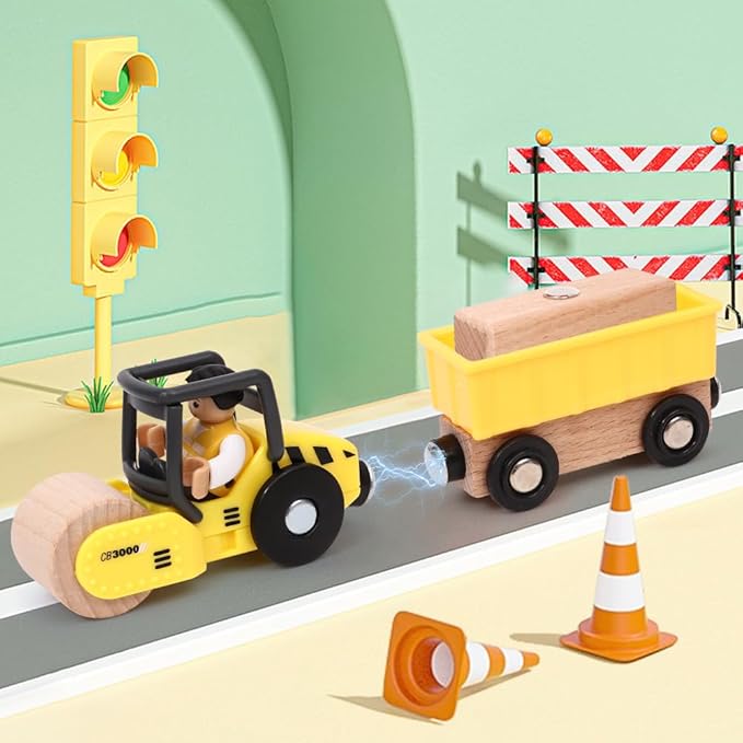 Atoylink 15PCS Kids Wooden Construction Toys with Magnetic Train Cars, Gantry Crane Bulldozer Roller Tow Truck Construction Site Vehicles Playset Gifts for 3 4 5 6 Year Old Toddlers Boys
