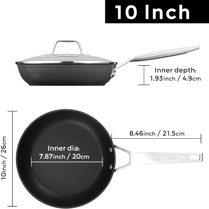 MsMk 10 Inch Nonstick Frying pan with Lid, Grey Cooking Pan Skillet | Non Toxic, Even Heating, Easy Clean, Dishwasher & Oven Safe, suitable for gas & electric & induction stoves, PFOA & PFAS Free