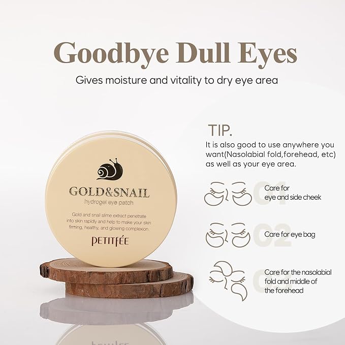 Petitfee Gold & Snail Hydrogel Eye Patch 60ea (30pairs) - 24k Gold Snail Eye Mask for Firming, Healthy Skin, Hydrating, Skin Elasticity, Snail Secretion Filtrate, Bamboo Extract, Green Tea Extract