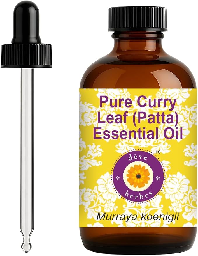 Deve Herbes Pure Curry Leaf (Patta) Essential Oil (Murraya koenigii) with Glass Dropper Steam Distilled 120ml (4 oz)