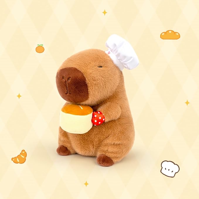 13" Capybara Stuffed Animal Wear Chef Hat Holding a Cake Cute Stuffed Capybara Plush Toy Gifts for Kids Boys Girls