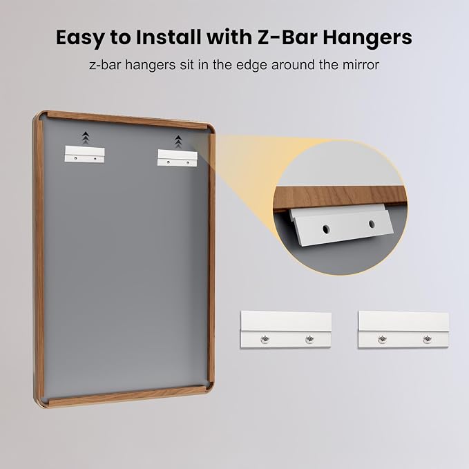 LOAAO 72X36 Inch Bathroom Mirror with Wood Grain Colored Metal Frame | Rounded Rectangle Metal Framed, Anti-Rust, Hangs Horizontally or Vertically, Tempered Glass