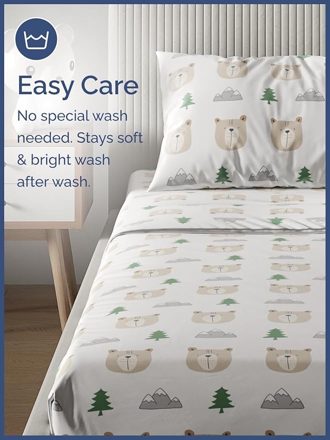 Kids Twin XL Size Bed Sheet Set - 3 Piece Kids Loft Bed Sheets - Bear Forest Nature Themed Bedding - Soft, Cute - Breathable & Machine Washable - Cute Animal Bed Set for Boys, Girls, Teens & Toddlers