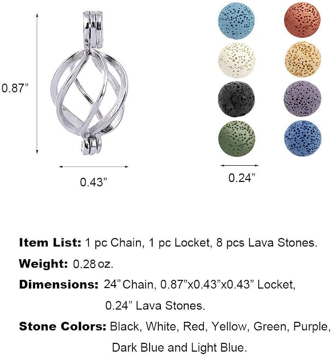 Essential Oil Diffuser Necklace Twisted Ball Aromatherapy Locket Pendant with 8 Lava Stone Balls 0.24'