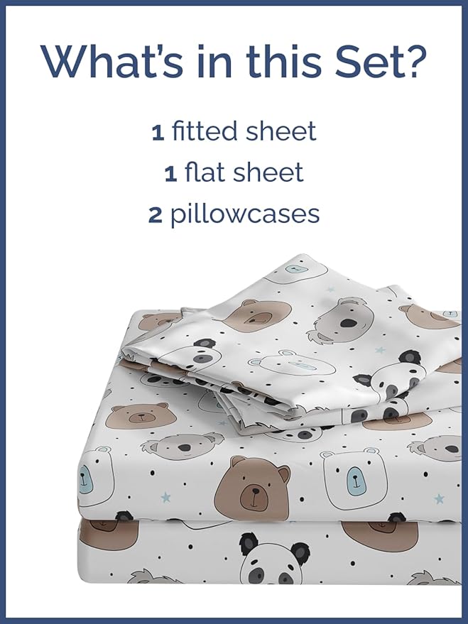 CGK Unlimited Kids Bears Queen 4 Piece Sheet Set - Boys, Girls, Teens, Toddler - Easy Fit Deep Pockets - Ultra Soft, Cooling & Breathable Sheets - Cute, Cozy, Fade and Wrinkle Free - Machine Washable