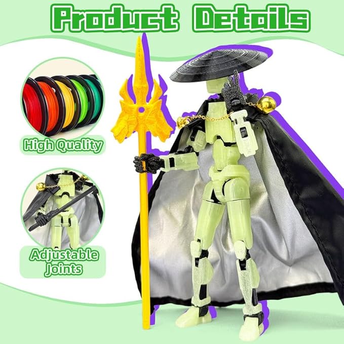 Assembly Completed T13 Action Figures,T 13 Action Figure, Robo 13 3D Printed Action Figure - The Ultimate Hero for Action-Packed Playtime,5.2 Inch (Green (Glows in The Dark))