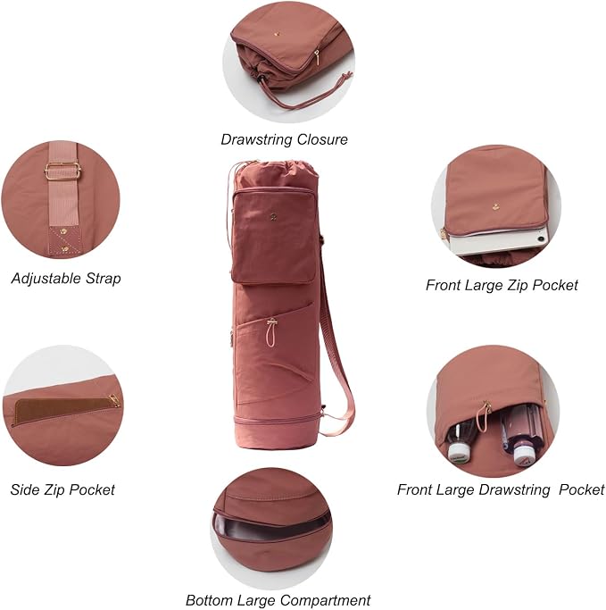 ESVAN Yoga Mat Bag with Multi Pockets Drawstring Yoga Mat Carrier Pilates Exercise Multi-Functional Storage Bag