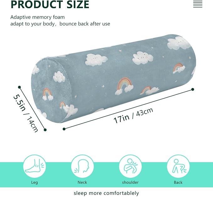 Clouds Stars Rainbows Blue Neck Roll Pillow Bolster Round Health Memory Foam Long Cervical Cylinder Pillows with Removable Washable Cover for Body Bed Legs Back Yoga