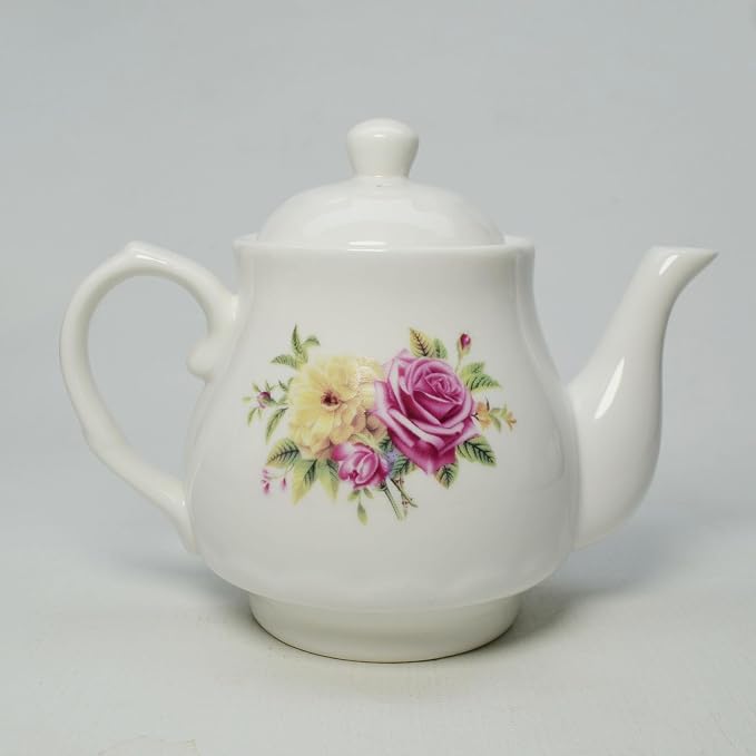 European Style Porcelain Teapot 400ml, Small Chinese White Teapot with Flowers Coffee Tea Water Pot Vintage Ceramic Litter Kettle (14oz)